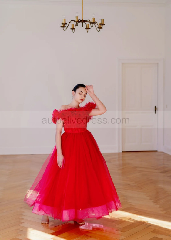 Off Shoulder Bright Pink Lace Tulle Flower Girl Dress